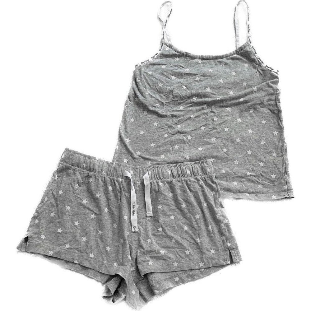 y2k Calvin Klein Grey and White Star Graphic Tank Top + Shorts Pyjama Set